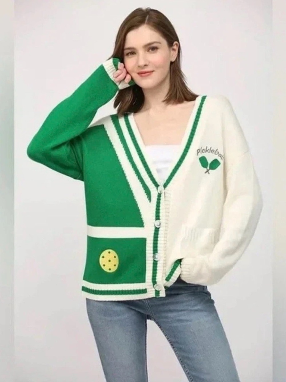 Fate NWT Pickleball Cardigan Sweater Women Small Green White Varsity